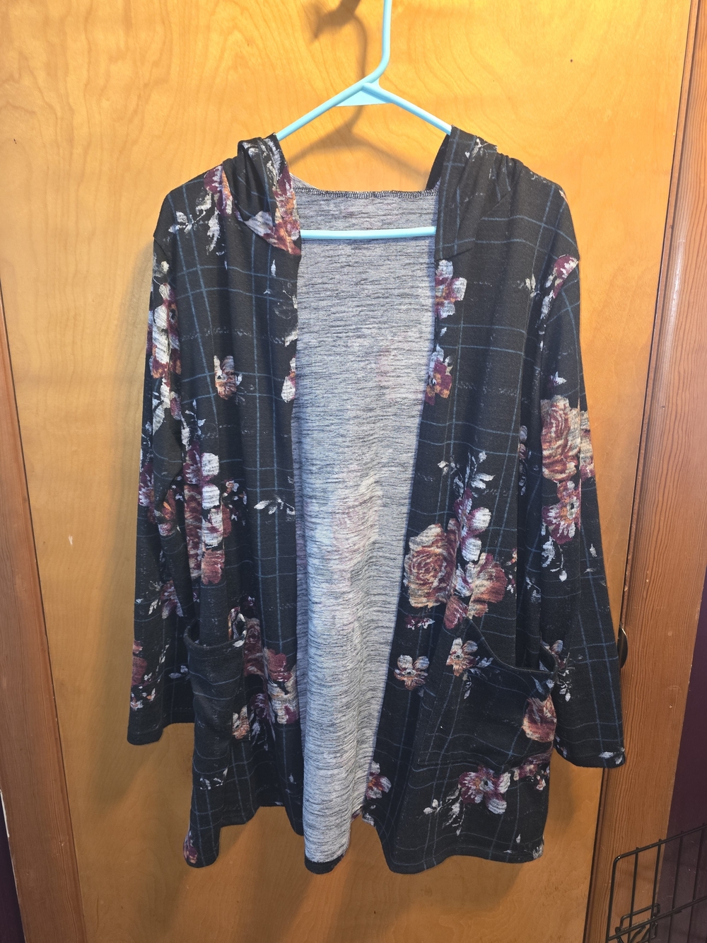 3/$15 Floral Plaid Open Front Hooded Cardigan - Black with Rose Print